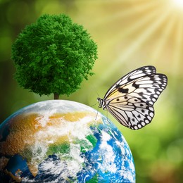 Image of Save Earth. Globe with growing tree and butterfly in sunlight on blurred background