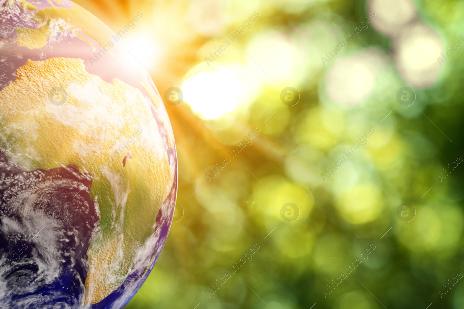 Image of Save Earth. Globe in sunlight on blurred green background, space for text