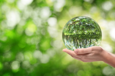 Image of Save Earth. Woman holding ball lens with overturned reflection of green forest, closeup