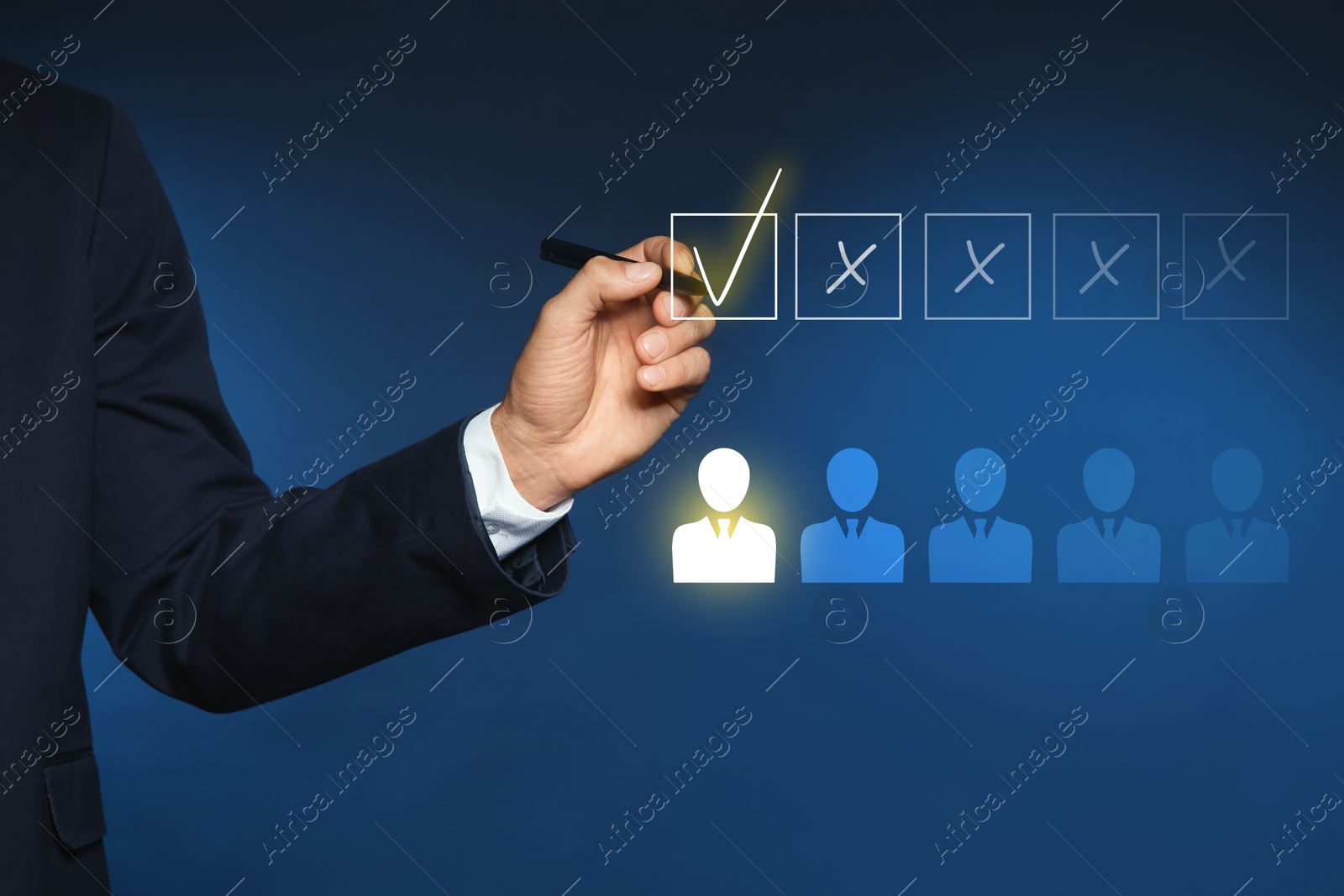 Image of Human resource. Businessman choosing one virtual figure among others on blue background, closeup