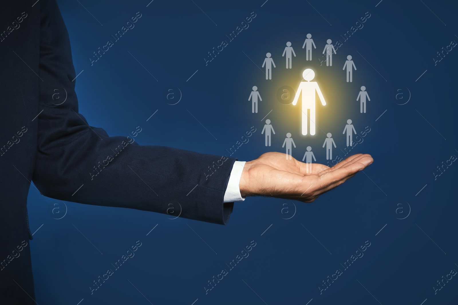 Image of Human resource. Businessman choosing one virtual figure among others on blue background, closeup