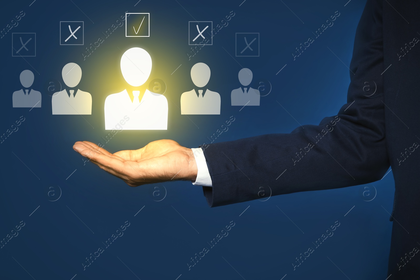 Image of Human resource. Businessman choosing one virtual figure among others on blue background, closeup