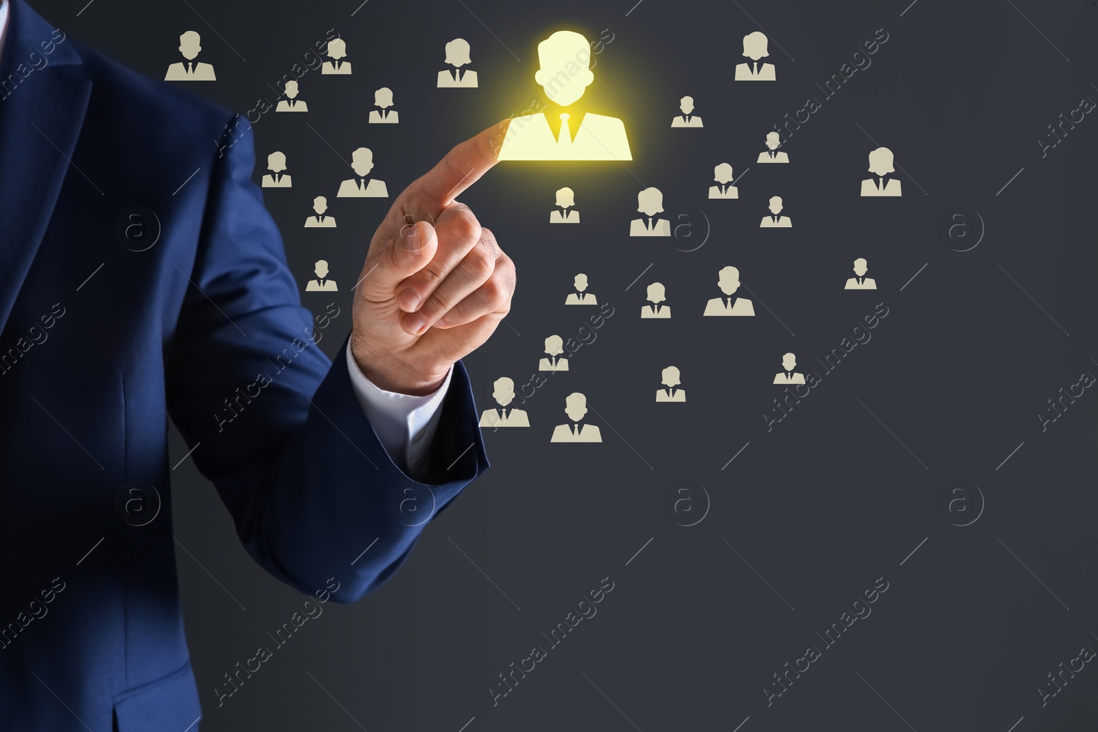 Image of Human resource. Businessman choosing one virtual figure among others on dark grey background, closeup