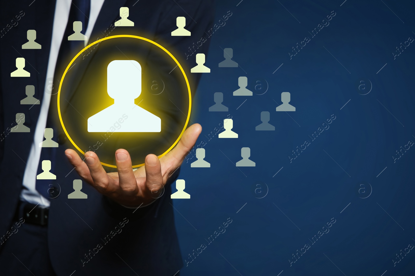 Image of Human resource. Businessman choosing one virtual figure among others on blue background, closeup