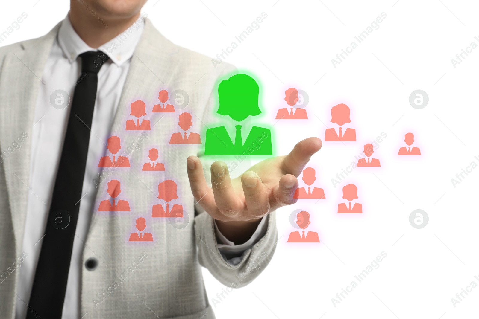 Image of Human resource. Businessman choosing one virtual figure among others on white background, closeup