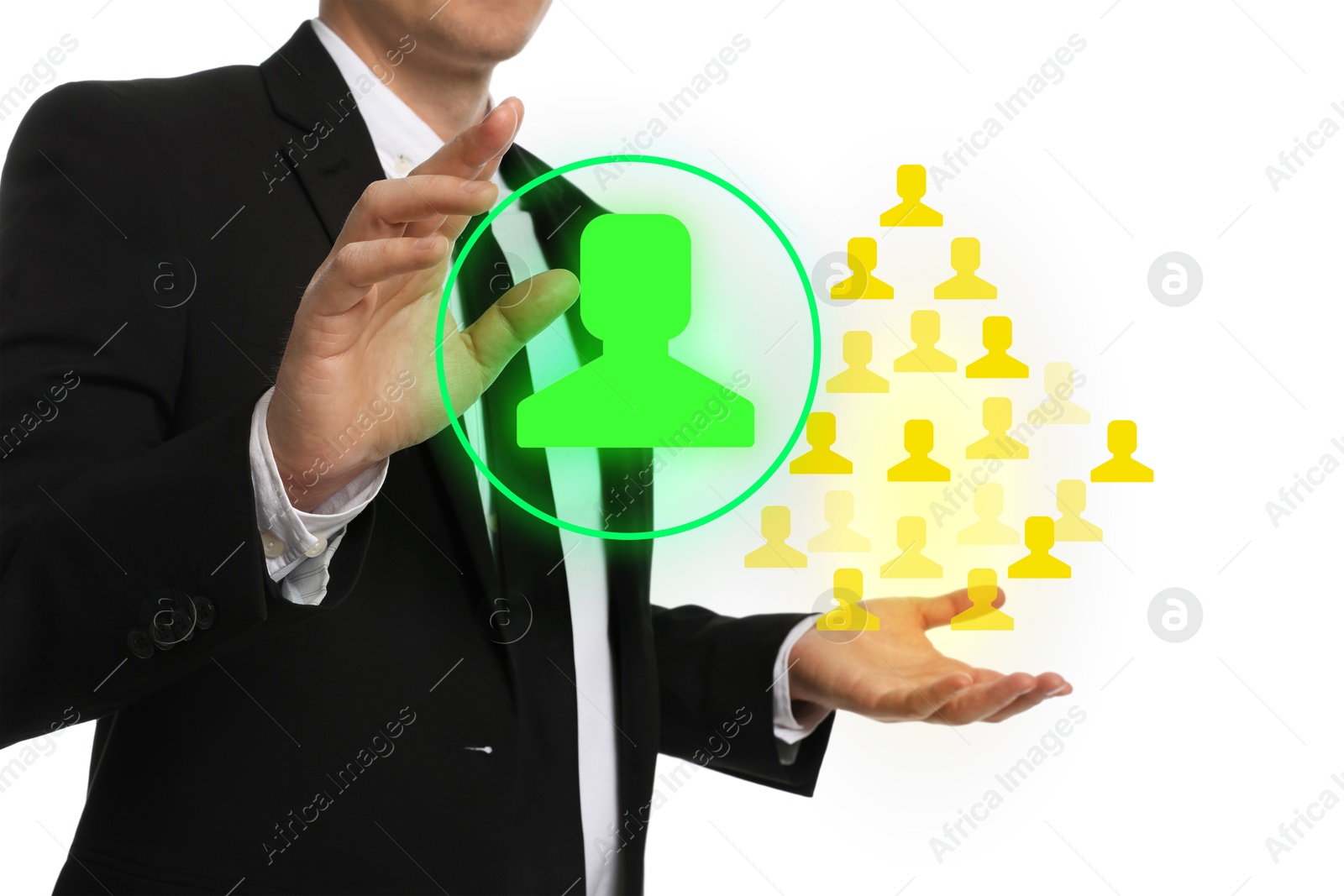 Image of Human resource. Businessman choosing one virtual figure among others on white background, closeup