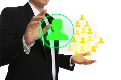 Image of Human resource. Businessman choosing one virtual figure among others on white background, closeup