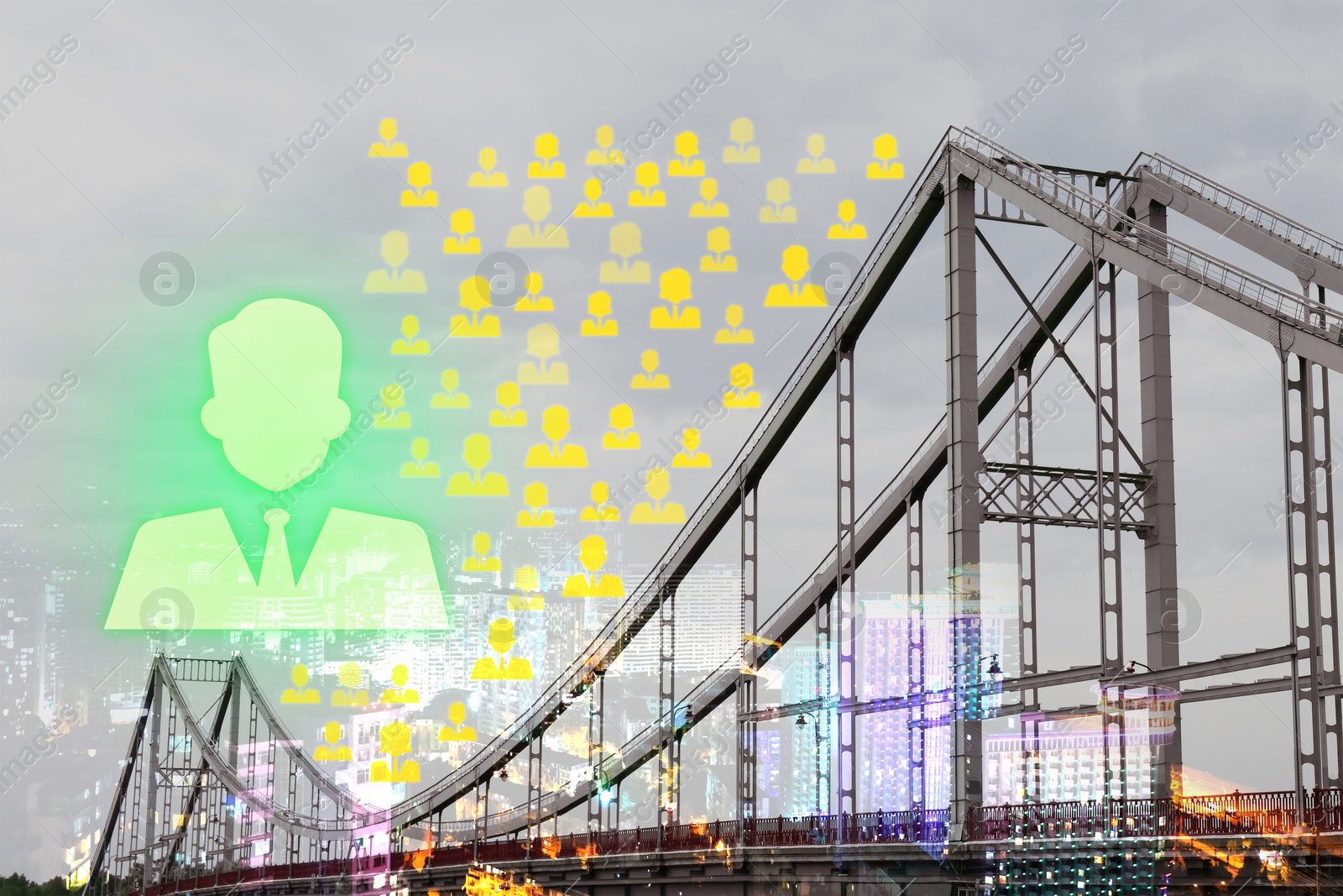 Image of Human resource. One virtual figure standing out among others against bridge