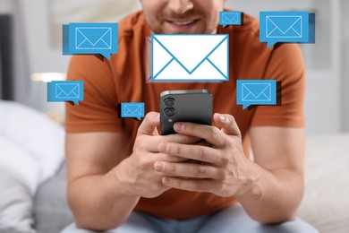 Image of Man using mobile phone indoors, closeup. New message notification near device. Illustration of envelope