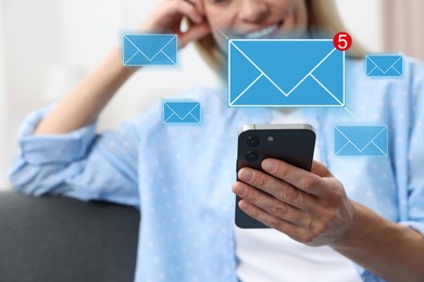 Image of Woman using mobile phone indoors, closeup. New message notification near device. Illustration of envelope