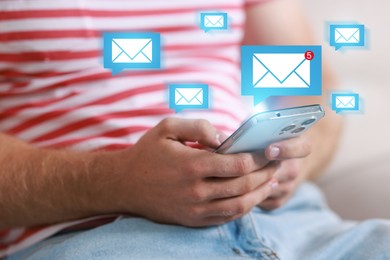 Image of Man using mobile phone, closeup. New message notification near device. Illustration of envelope