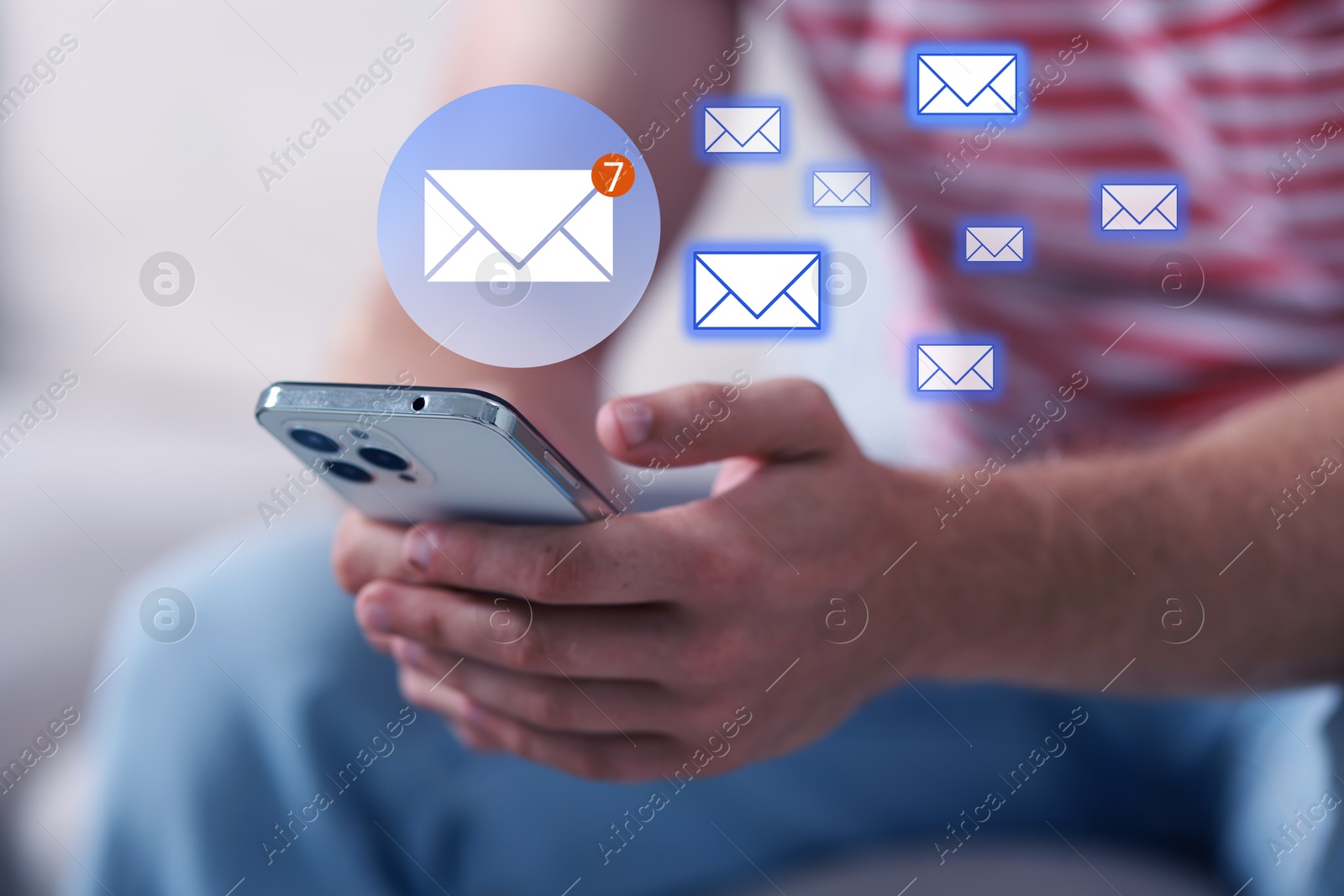 Image of Man using mobile phone, closeup. New message notification near device. Illustration of envelope