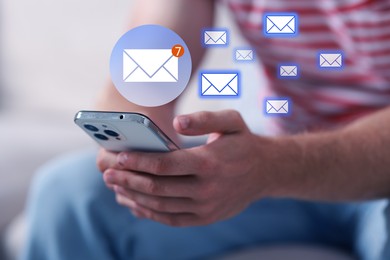 Image of Man using mobile phone, closeup. New message notification near device. Illustration of envelope