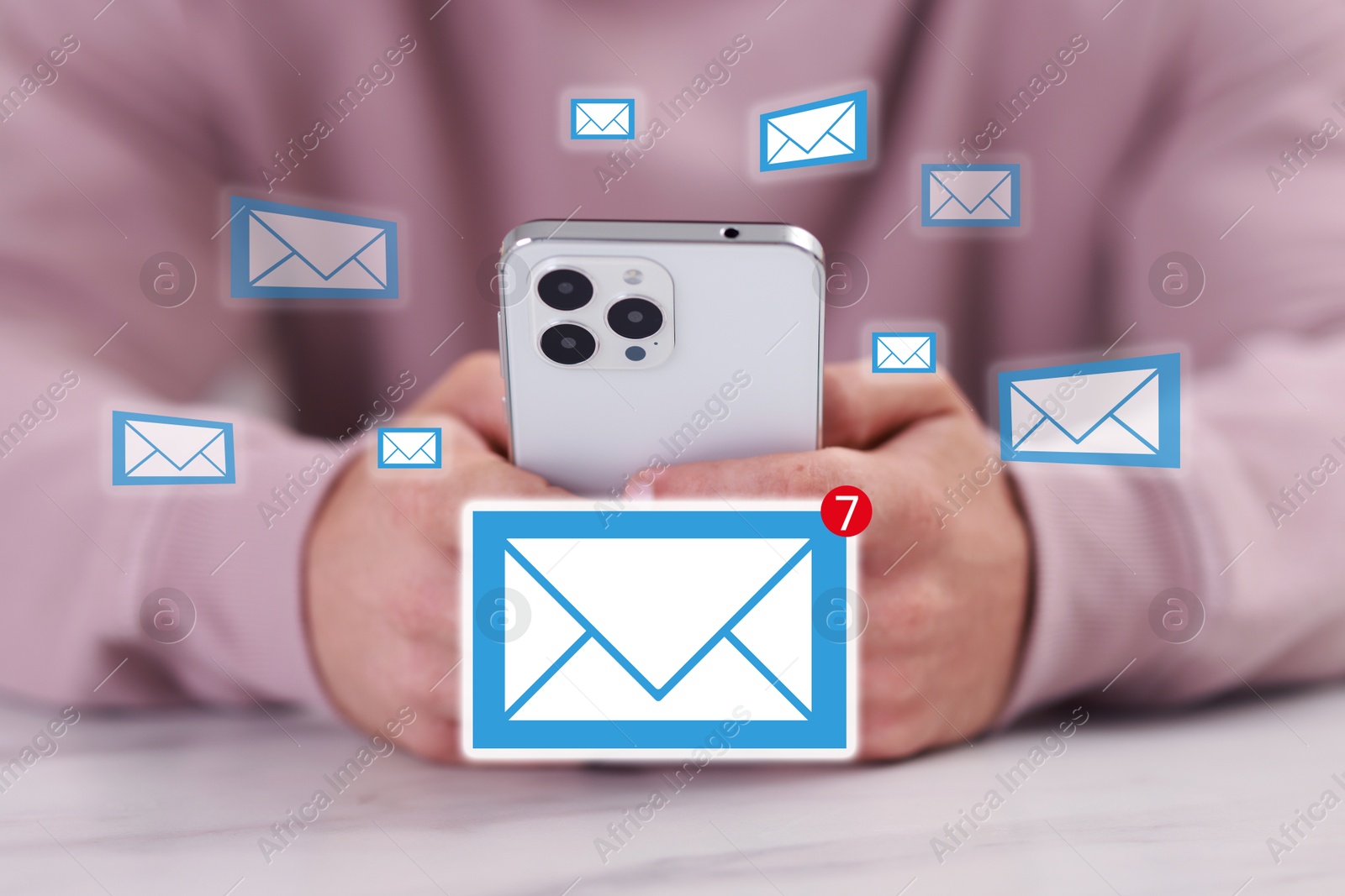 Image of Man using mobile phone, closeup. New message notification near device. Illustration of envelope