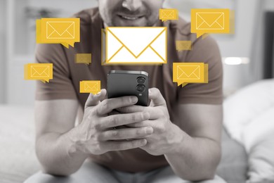 Image of Man using mobile phone indoors, closeup. New message notification near device. Illustration of envelope