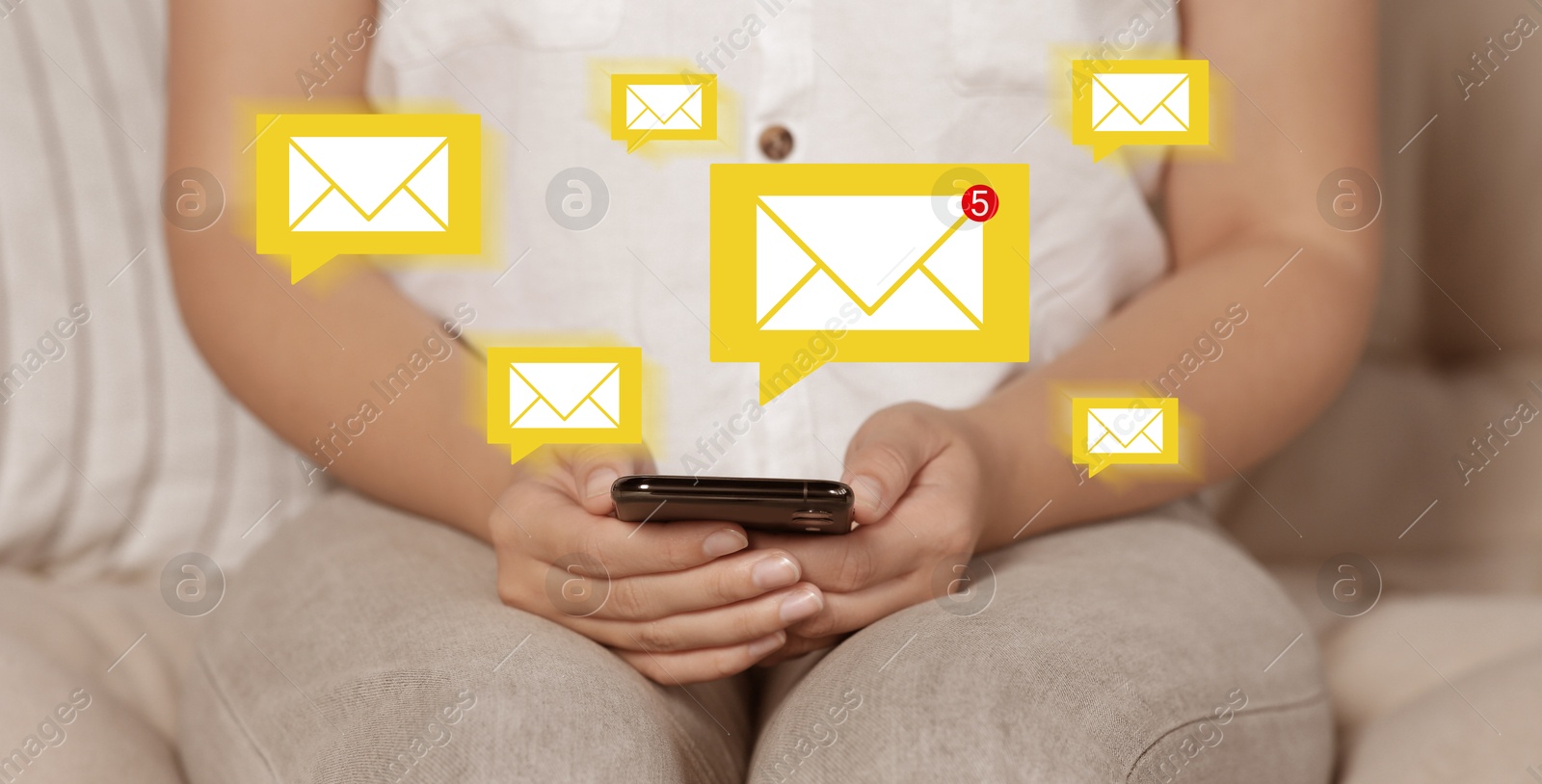 Image of Woman using mobile phone indoors, closeup. New message notification near device. Illustration of envelope