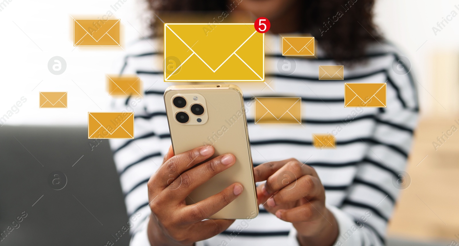 Image of Woman using mobile phone indoors, closeup. New message notification near device. Illustration of envelope