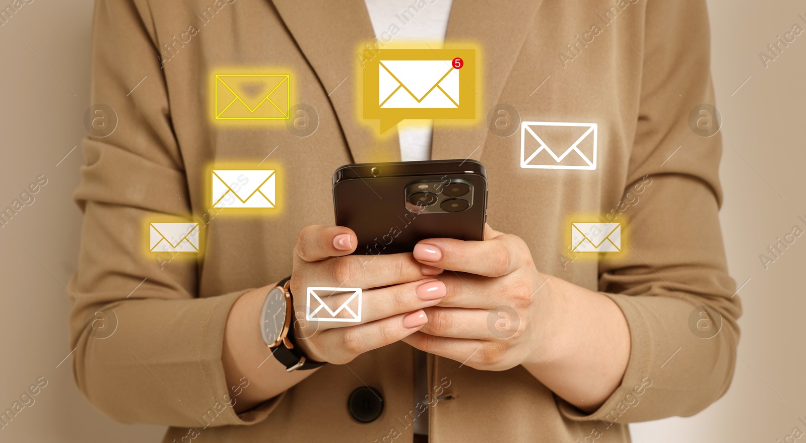 Image of Man using mobile phone on beige background, closeup. New message notification near device. Illustration of envelope