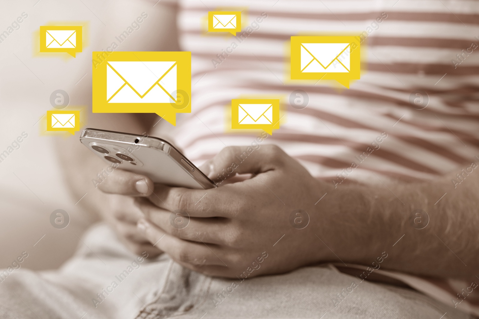 Image of Man using mobile phone, closeup. New message notification near device. Illustration of envelope