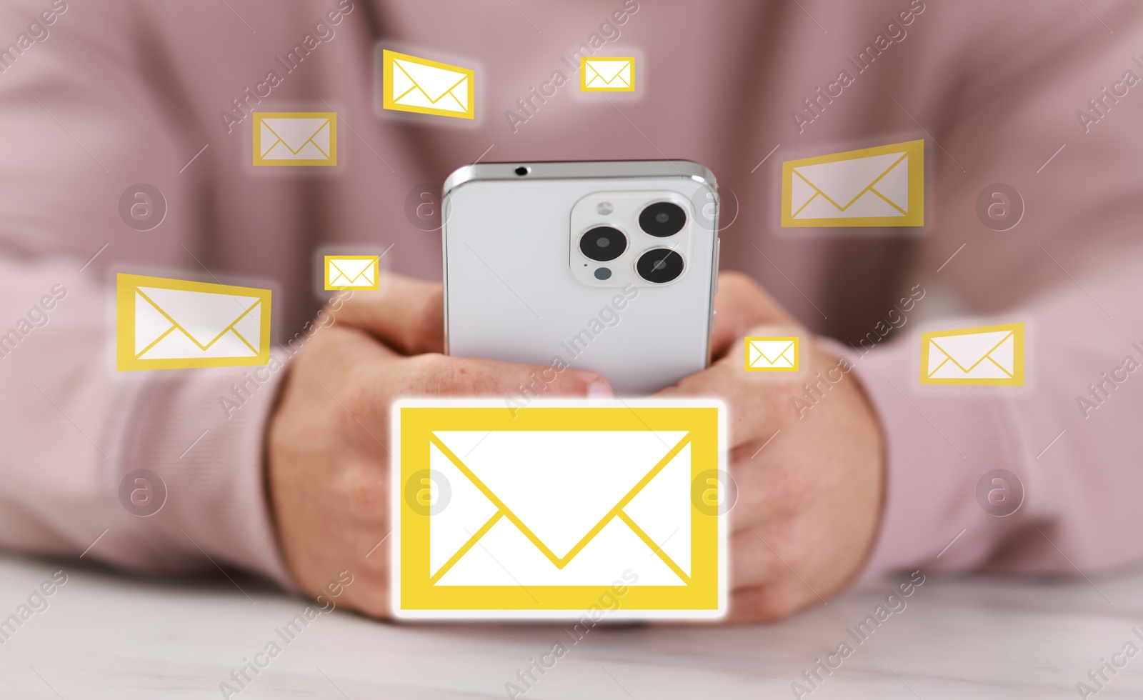 Image of Man using mobile phone, closeup. New message notification near device. Illustration of envelope