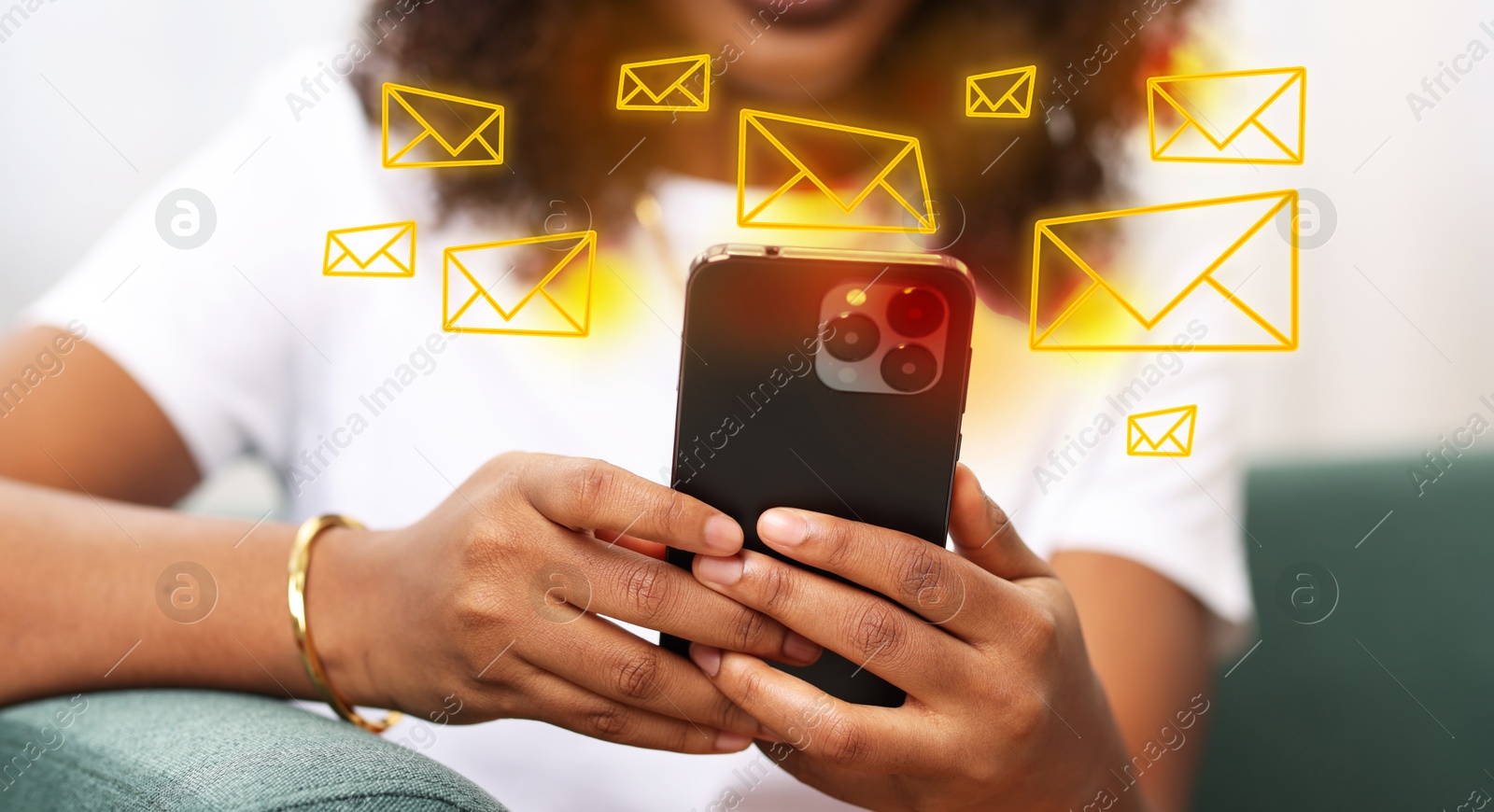 Image of Woman using mobile phone indoors, closeup. New message notification near device. Illustration of envelope