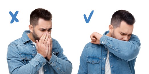 Cough etiquette, cover mouth with elbow to prevent disease spreading. Man coughing into hands and elbow on white background, collage