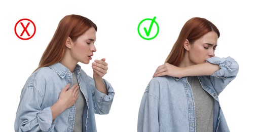 Cough etiquette, cover mouth with elbow to prevent disease spreading. Woman coughing into hand and elbow on white background, collage