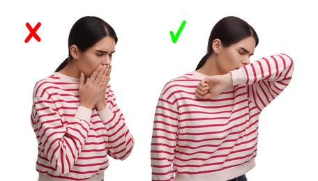 Image of Cough etiquette, cover mouth with elbow to prevent disease spreading. Woman coughing into hands and elbow on white background, collage