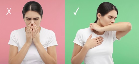 Image of Cough etiquette, cover mouth with elbow to prevent disease spreading. Woman coughing into hands and elbow on red and green backgrounds, collage