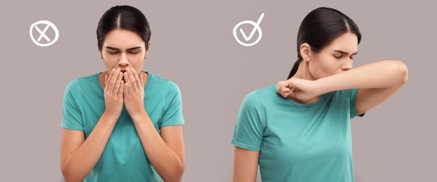 Image of Cough etiquette, cover mouth with elbow to prevent disease spreading. Woman coughing into hands and elbow on grey background, collage