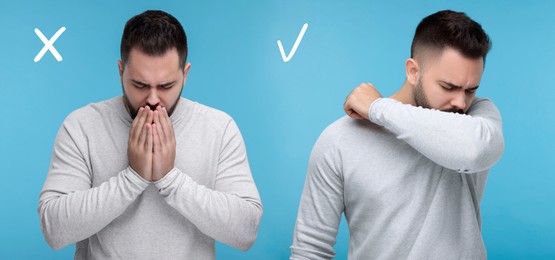 Image of Cough etiquette, cover mouth with elbow to prevent disease spreading. Man coughing into hands and elbow on light blue background, collage