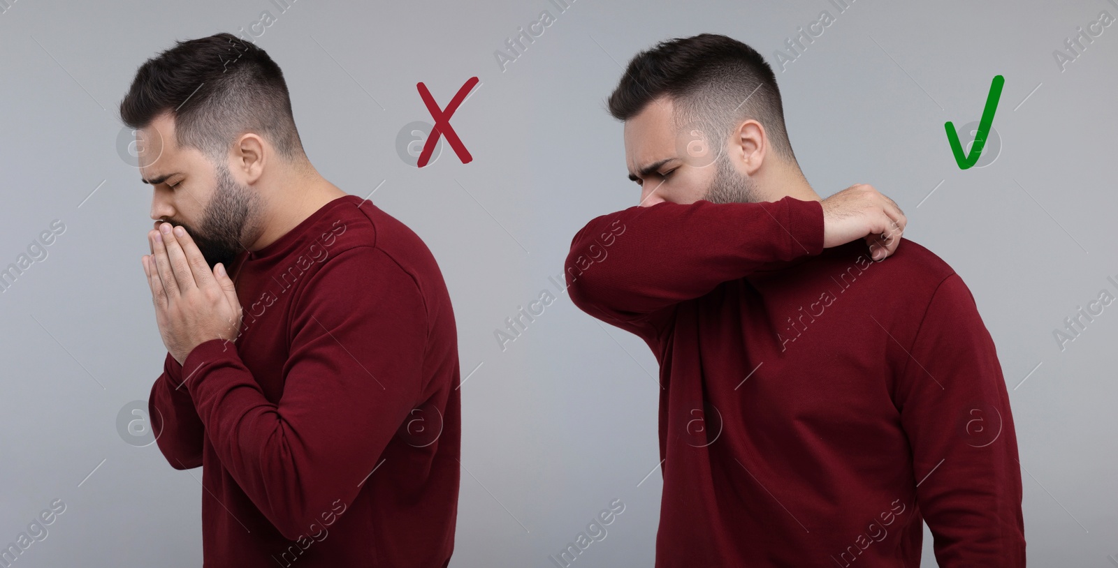 Image of Cough etiquette, cover mouth with elbow to prevent disease spreading. Man coughing into hands and elbow on grey background, collage