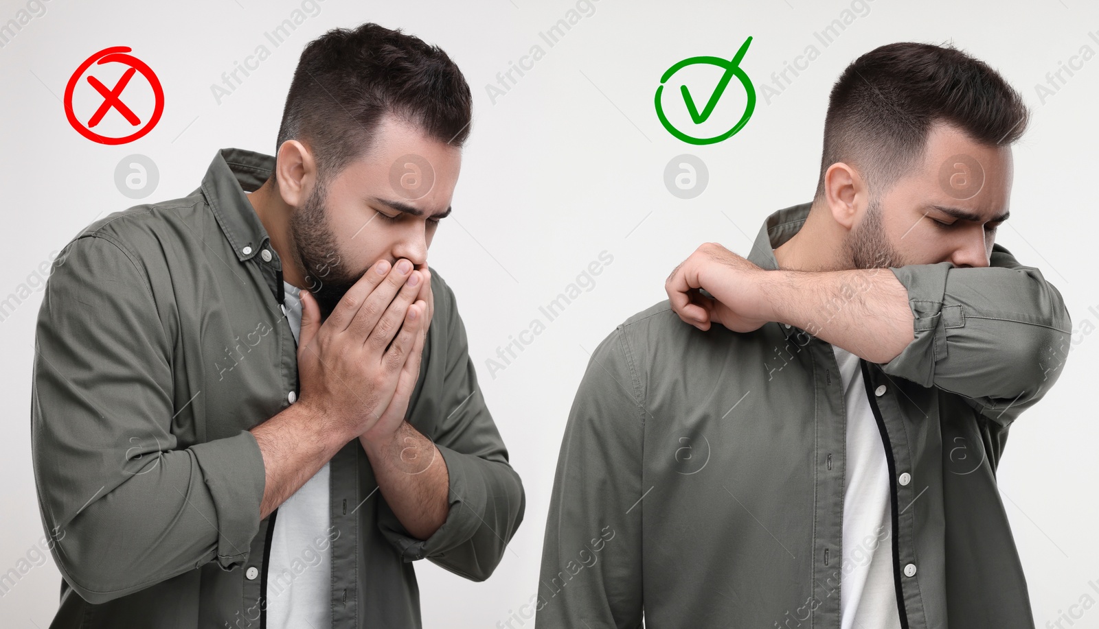 Image of Cough etiquette, cover mouth with elbow to prevent disease spreading. Man coughing into hands and elbow on white background, collage