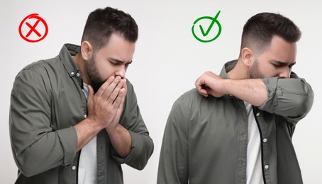 Cough etiquette, cover mouth with elbow to prevent disease spreading. Man coughing into hands and elbow on white background, collage