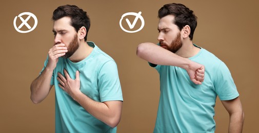 Image of Cough etiquette, cover mouth with elbow to prevent disease spreading. Man coughing into hands and elbow on brown background, collage