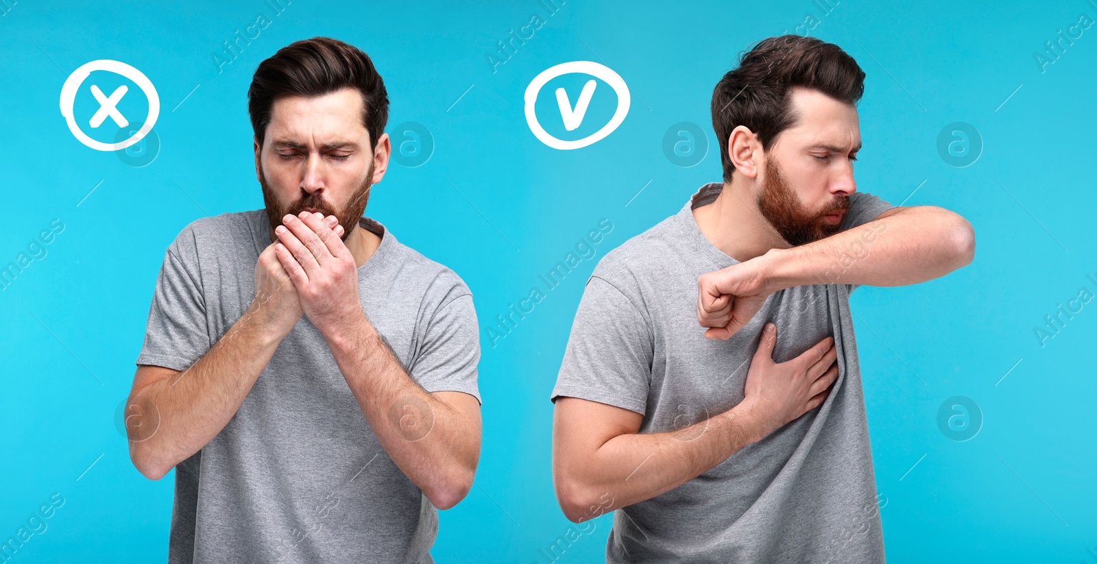 Image of Cough etiquette, cover mouth with elbow to prevent disease spreading. Man coughing into hands and elbow on light blue background, collage