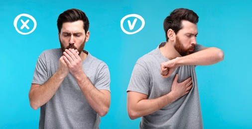 Image of Cough etiquette, cover mouth with elbow to prevent disease spreading. Man coughing into hands and elbow on light blue background, collage