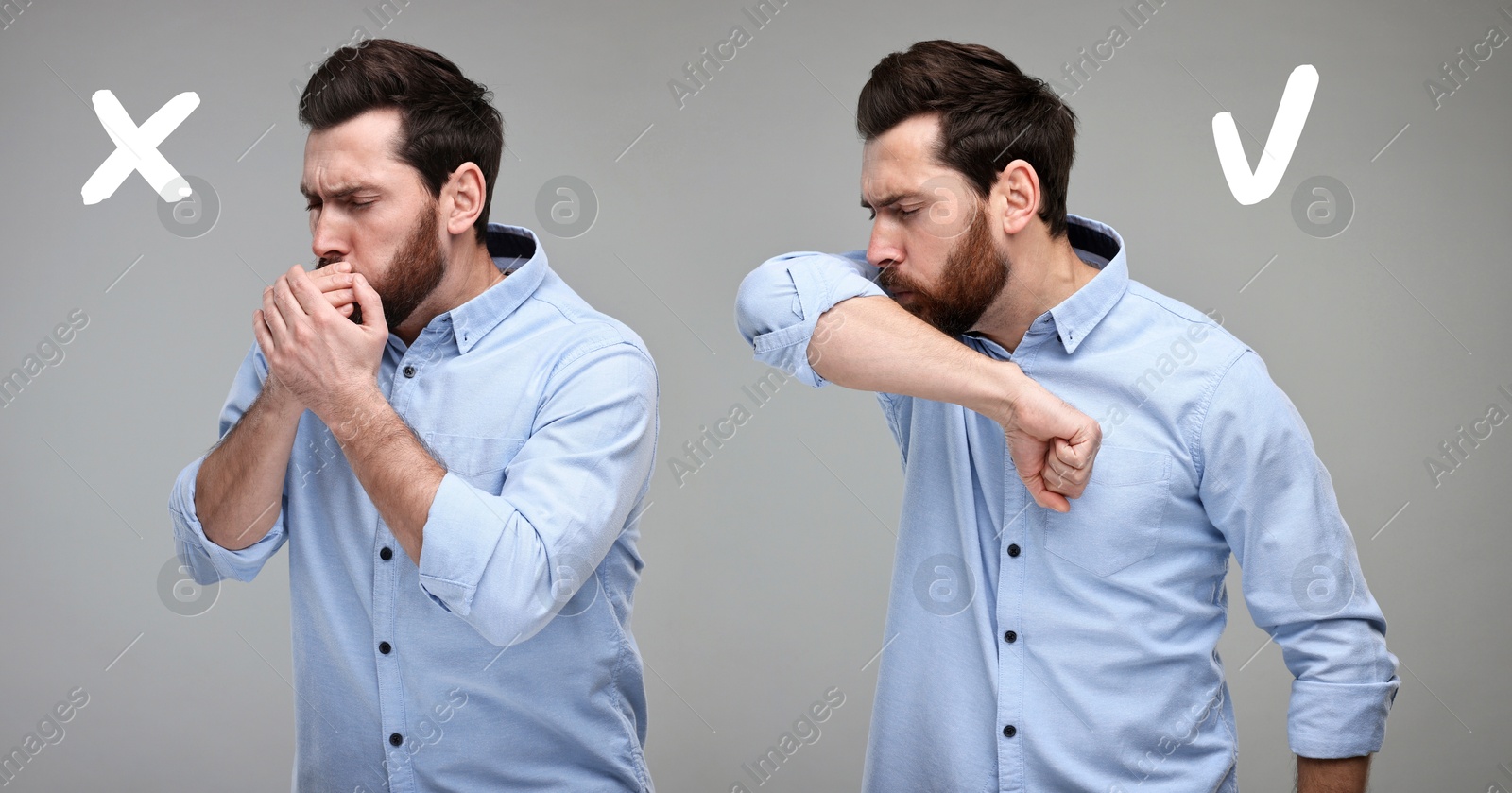 Image of Cough etiquette, cover mouth with elbow to prevent disease spreading. Man coughing into hands and elbow on grey background, collage