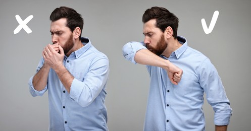 Cough etiquette, cover mouth with elbow to prevent disease spreading. Man coughing into hands and elbow on grey background, collage