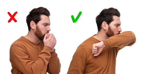 Image of Cough etiquette, cover mouth with elbow to prevent disease spreading. Man coughing into hands and elbow on white background, collage