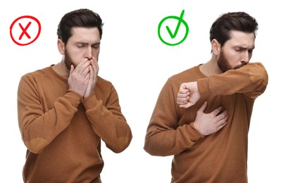 Image of Cough etiquette, cover mouth with elbow to prevent disease spreading. Man coughing into hands and elbow on white background, collage