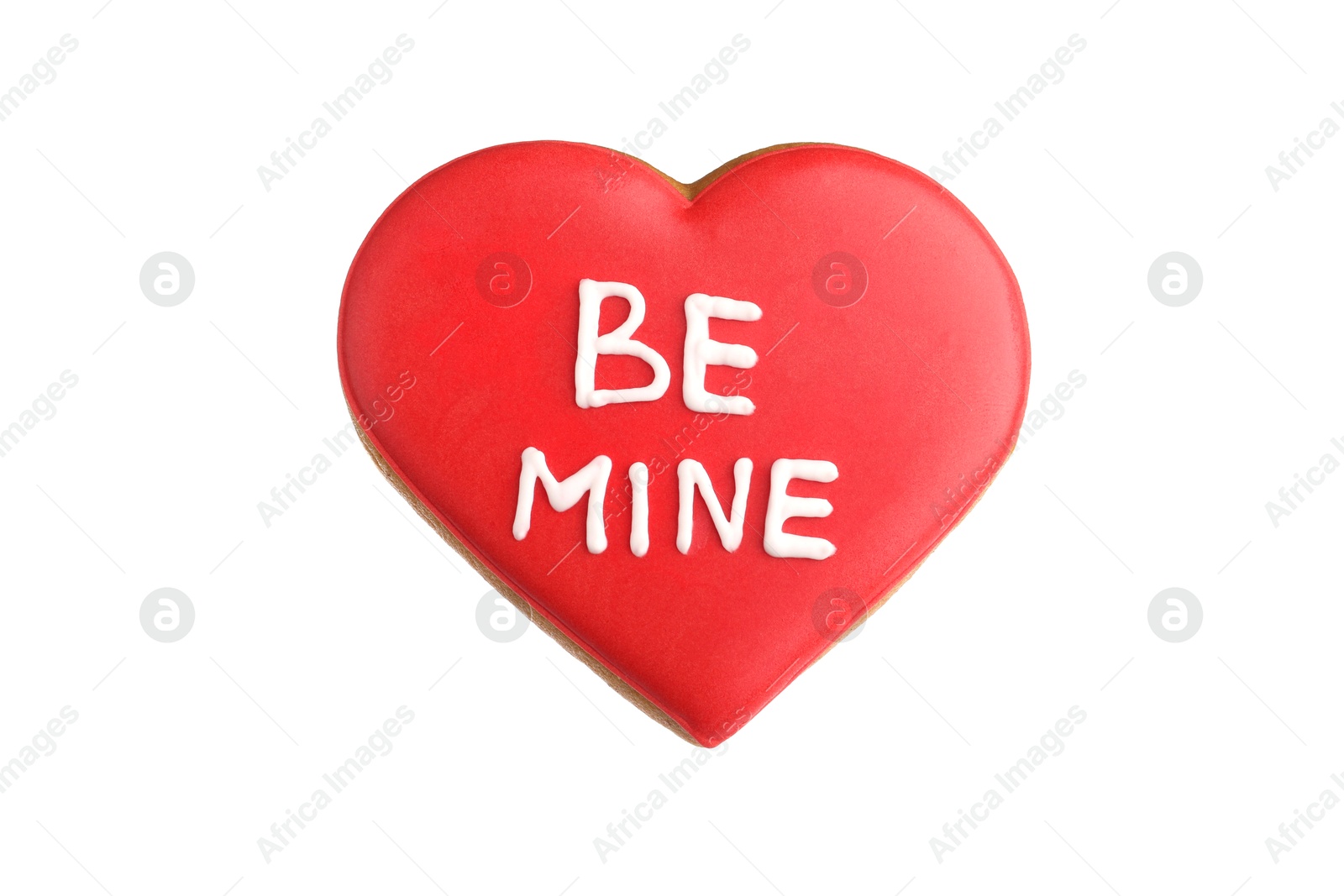 Photo of Delicious heart shaped cookie with phrase Be Mine isolated on white. Valentine's Day