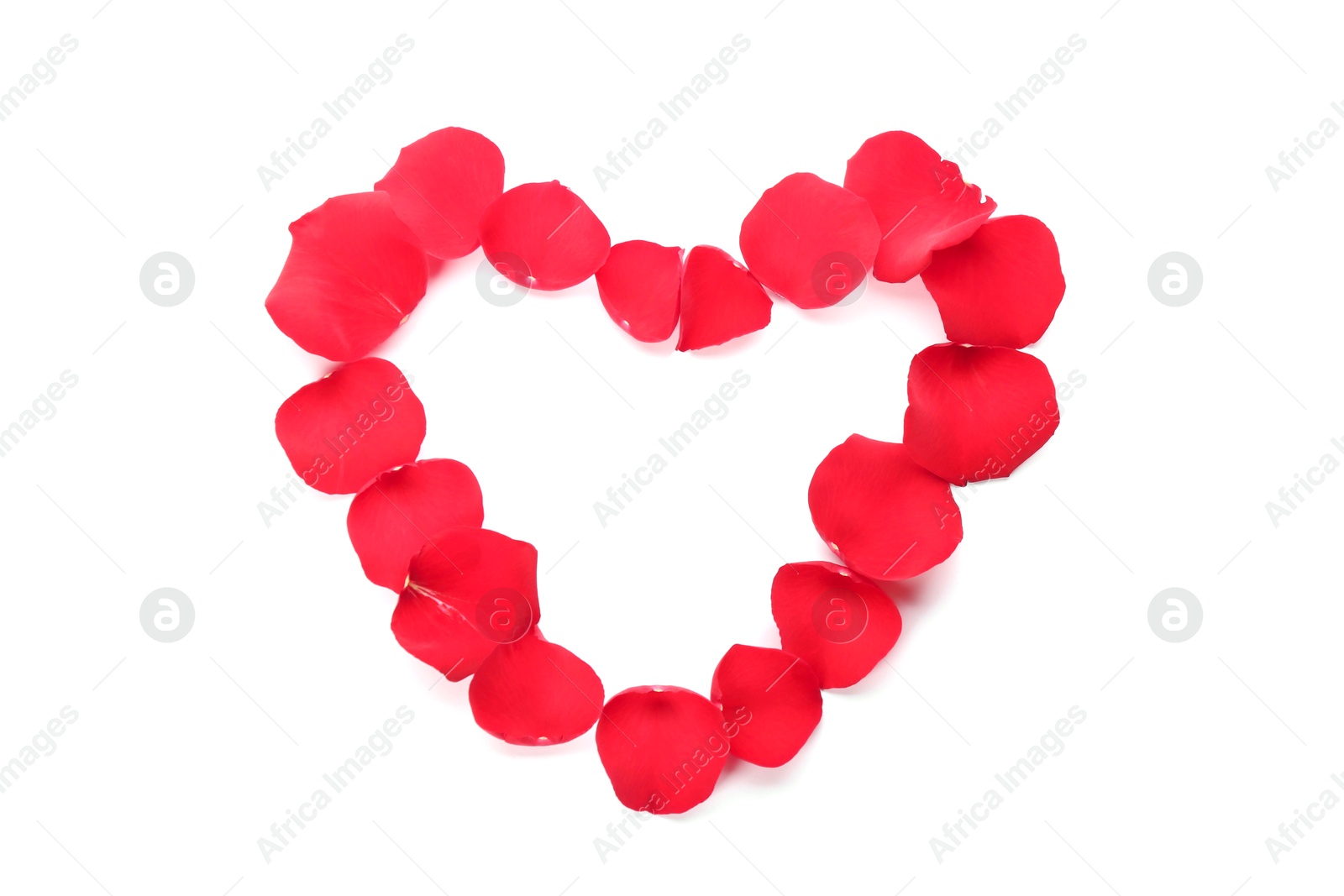 Photo of Heart made with red rose petals on white background, top view