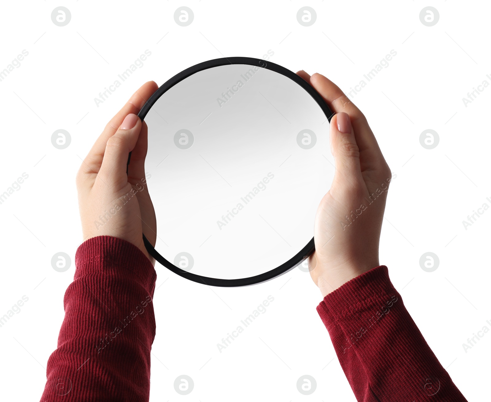 Photo of Woman holding round mirror on white background, closeup