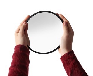 Photo of Woman holding round mirror on white background, closeup