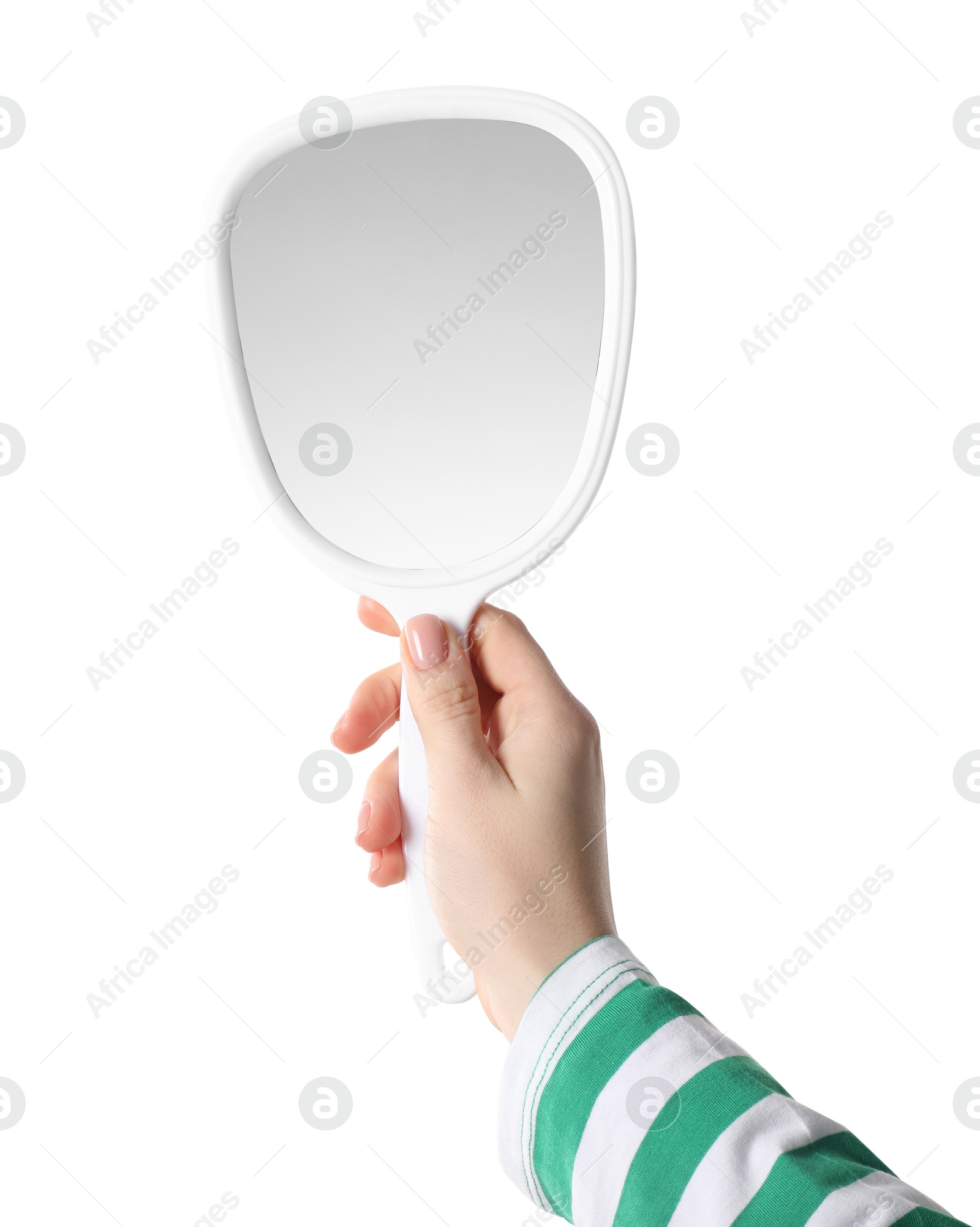 Photo of Woman holding small mirror on white background, closeup