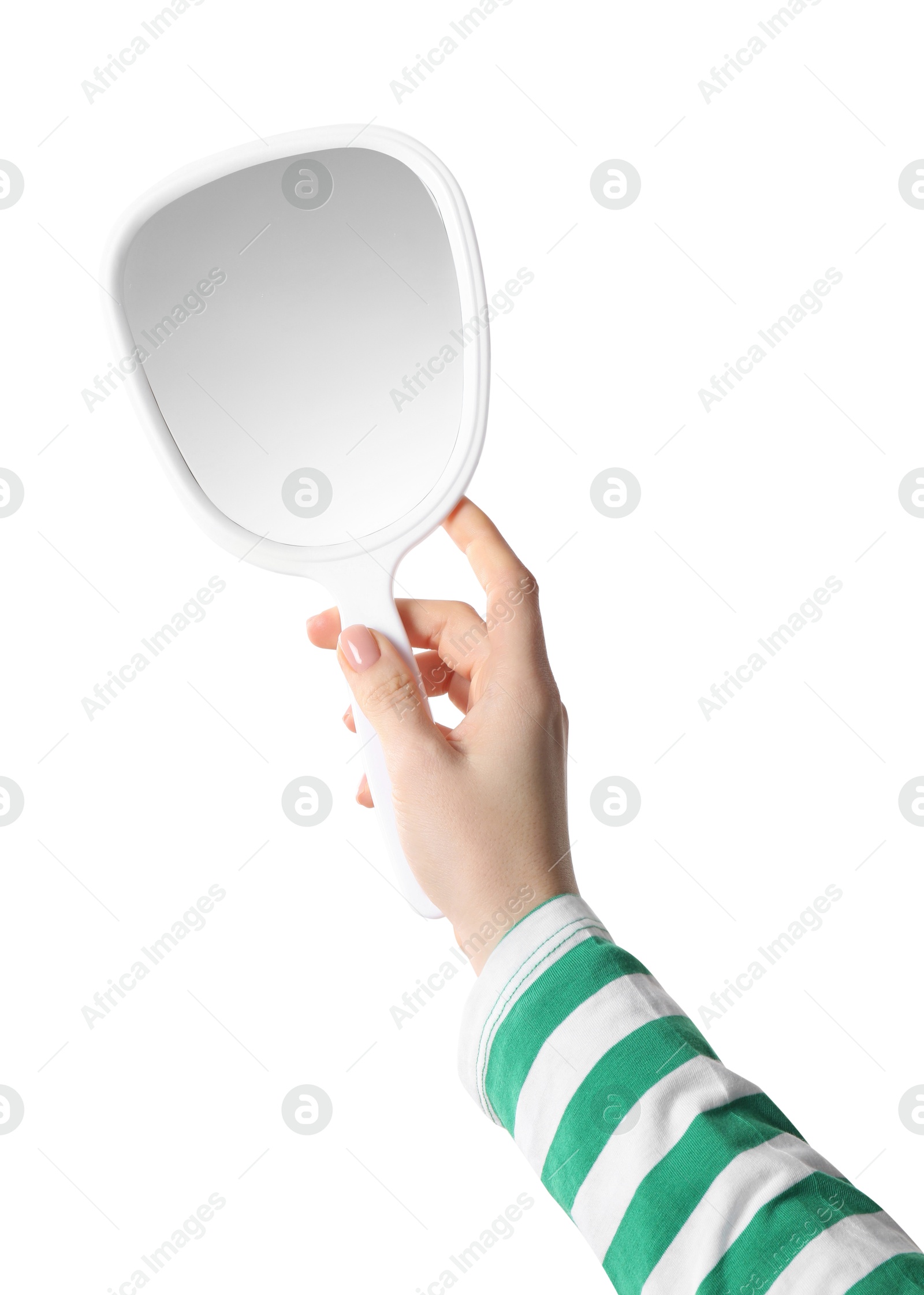 Photo of Woman holding small mirror on white background, closeup