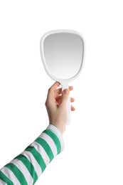 Photo of Woman holding small mirror on white background, closeup