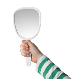 Photo of Woman holding small mirror on white background, closeup