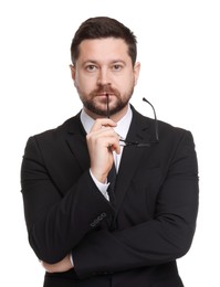 Portrait of banker with glasses on white background